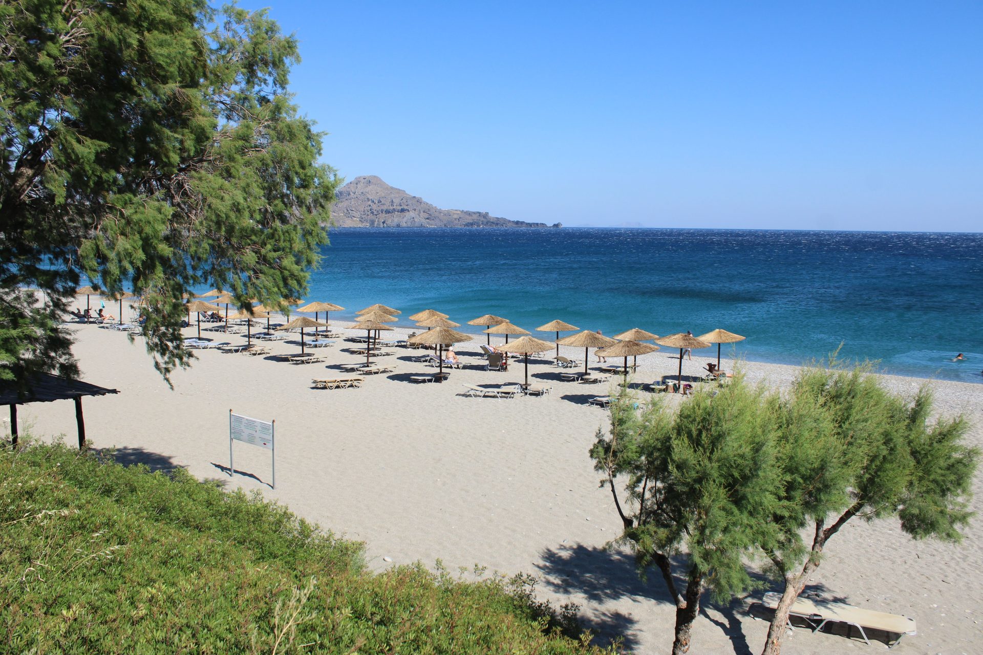 Pefkos beach and turquoise sea in Rhodes